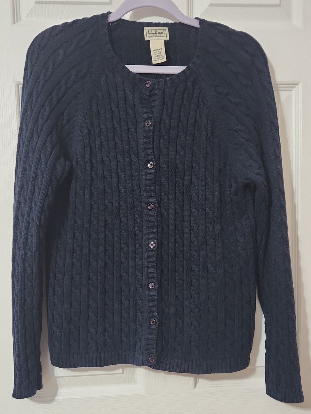 100% Cotton Fall Preppy Collegiate L.L. Bean Navy Cable-Knit Button Cardigan